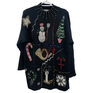Vtg Victoria Jones Black Beaded Christmas‎ Sweater Unique Mock Neck Festive Med